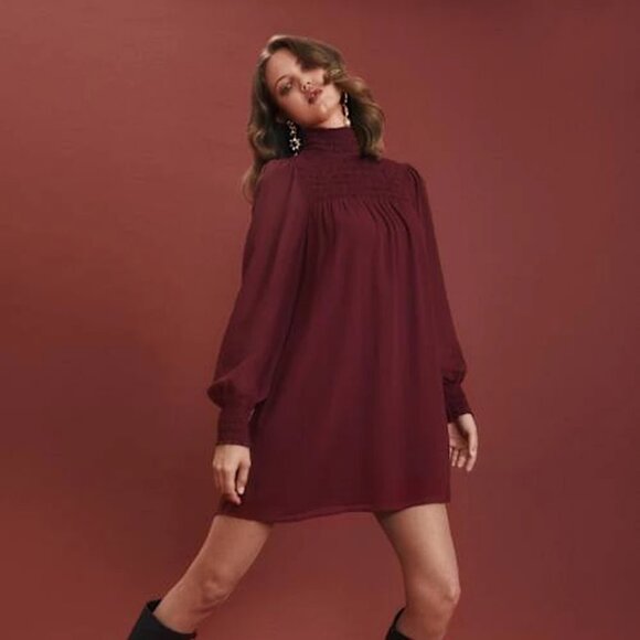 Reformation Brandi Smocked Long Sleeve Plum/Deep Red Mini Dress - Picture 3 of 16